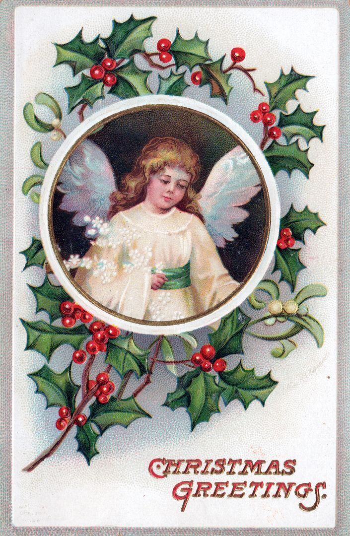 CHRISTMAS - Angel and Holly Christmas Greetings Postcard - 1913