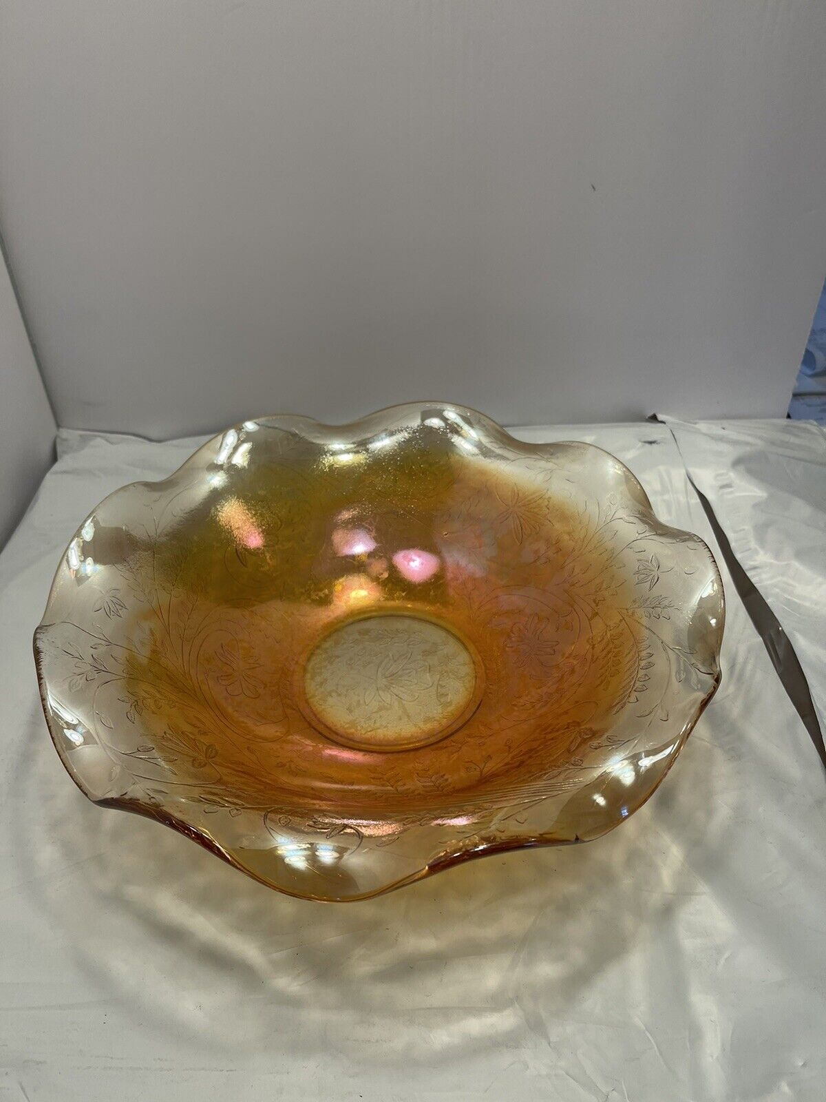 Vintage  iridescent carnival glass serving bowl Large