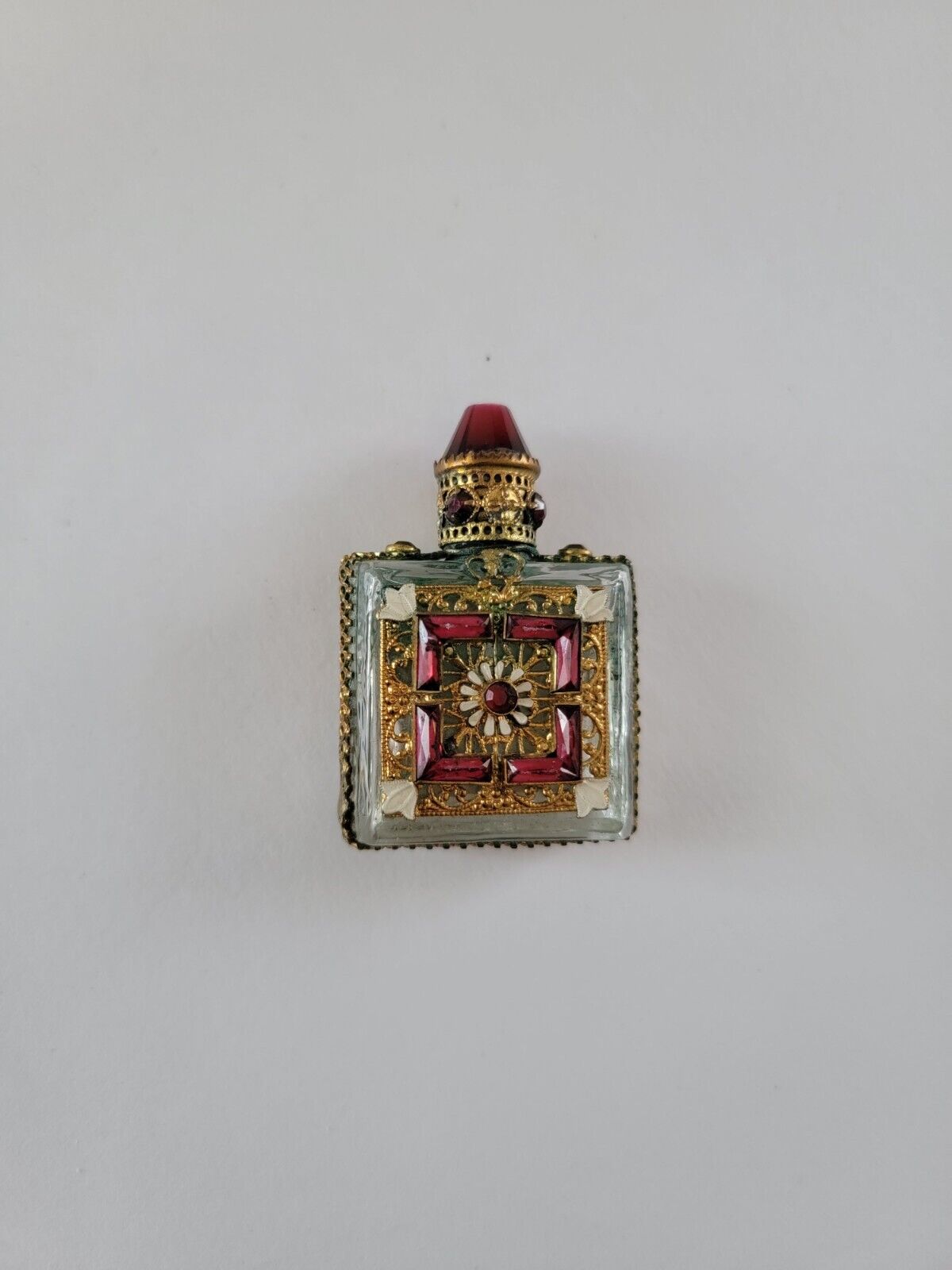 Antique 1920s Perfume Bottle Irice Czech Red Jeweled & Filigree 