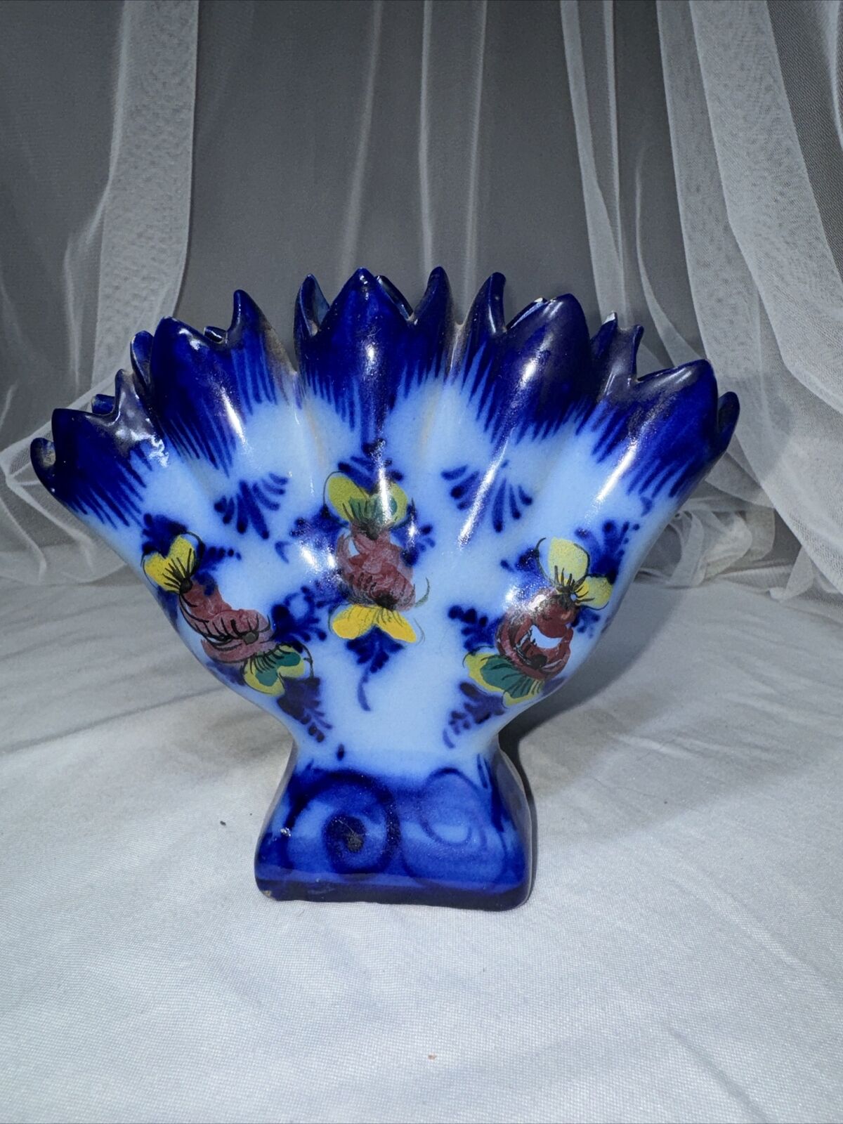 1932 Antique Vintage Blue Five Finger Handpainted Vase Portugal Signed