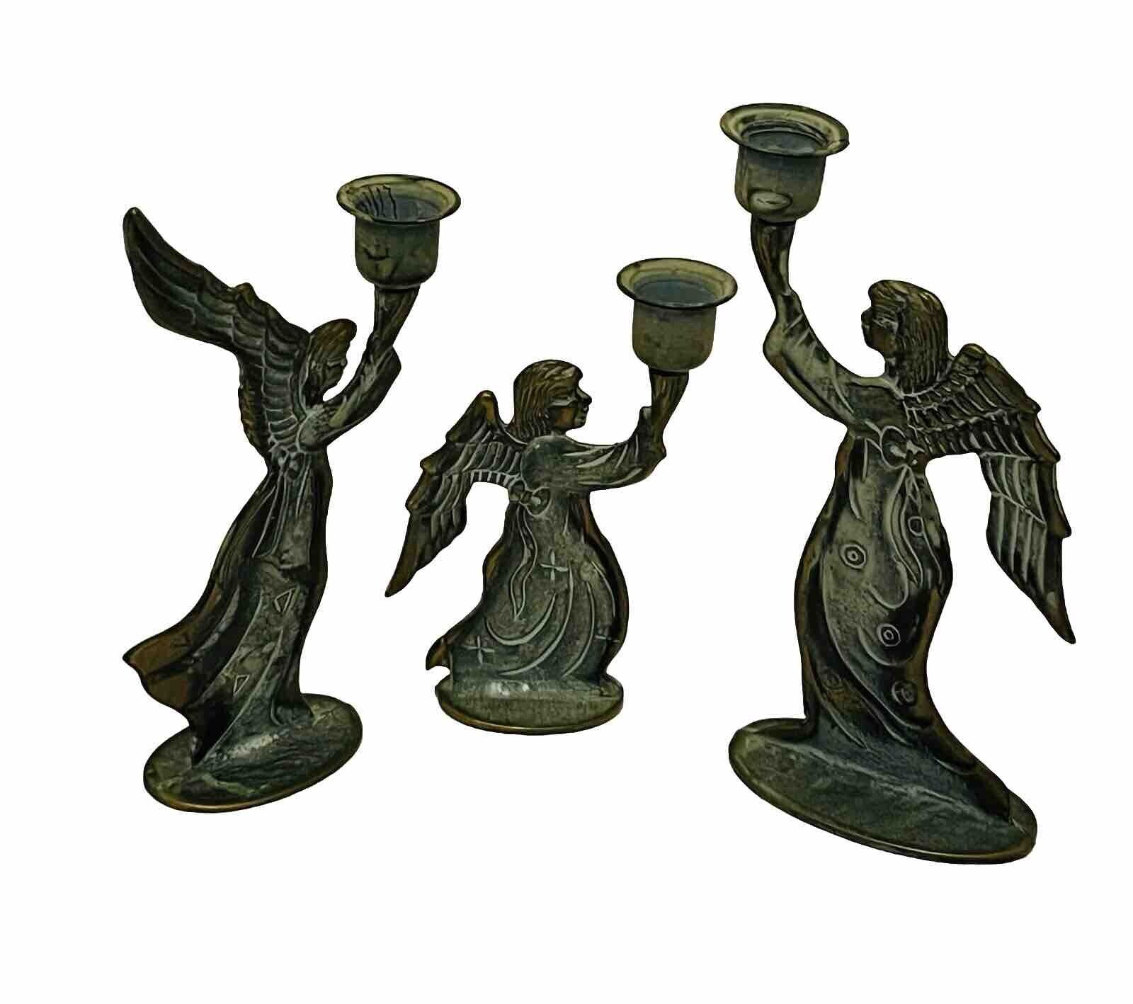 Set Of 3 Vintage Solid Brass Double Sided Angel Candlestick Holders Description