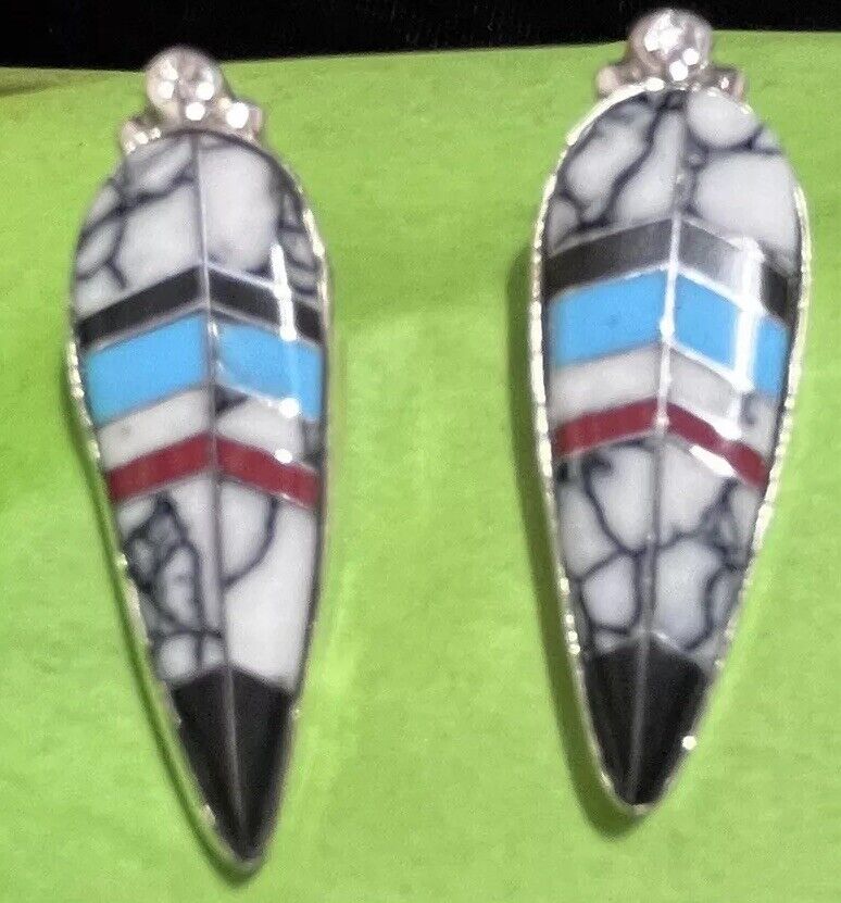 Zuni Sterling White Buffalo Turquoise Coral Earrings #776 SIGNED