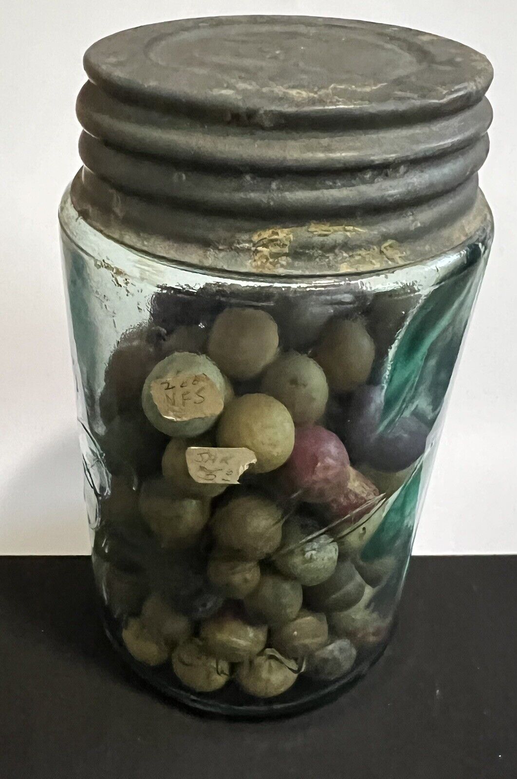 Antique 1900-1910 Triple L Ball Jar With Antique Clay Marbles