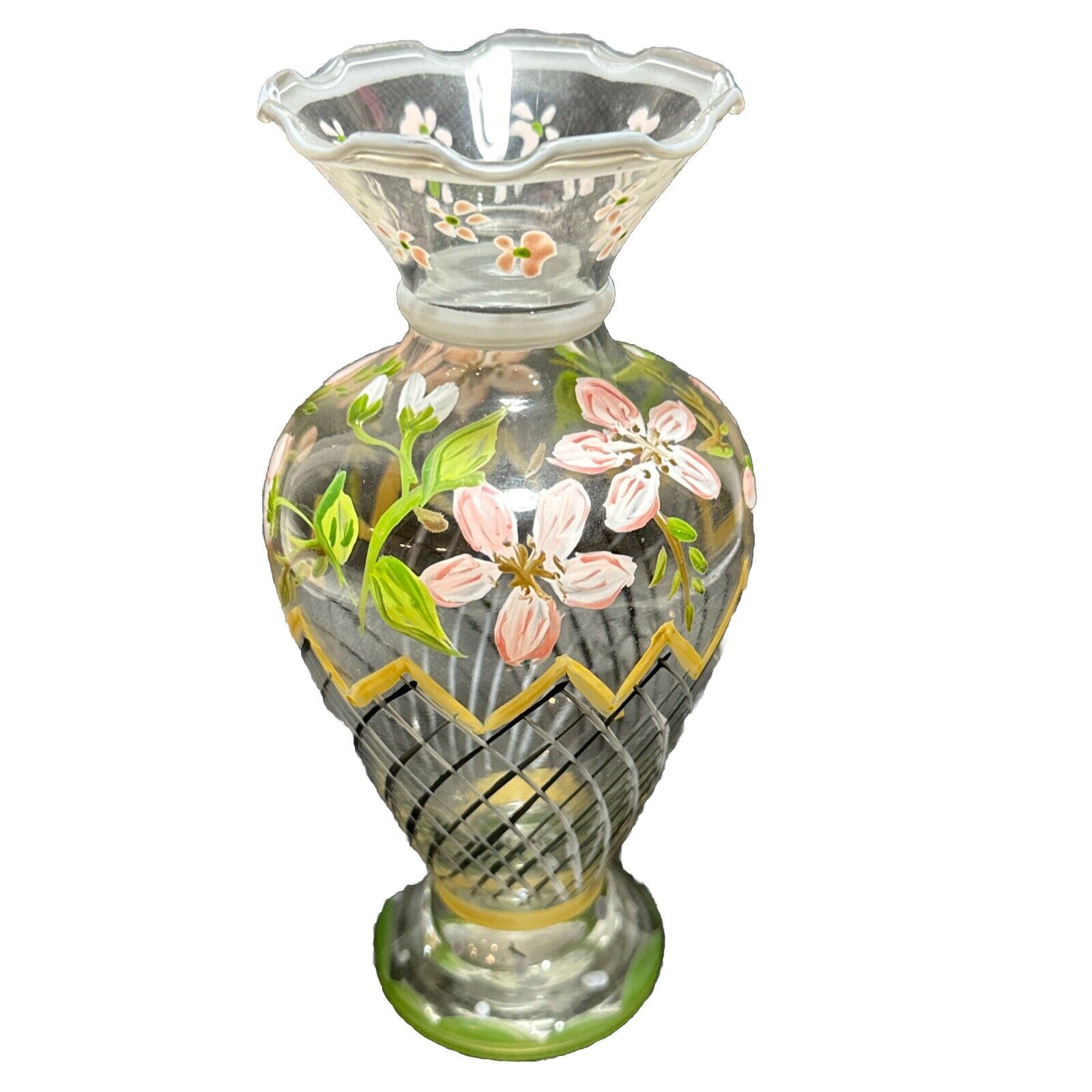 Vintage Tracy Potter Glass Vase Hand Painted Hand Blown Floral Ruffled Top 6.5”