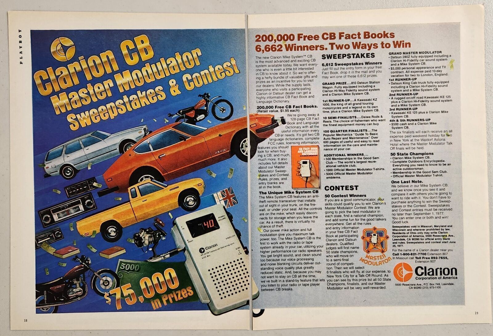 1977 Print Ad Clarion CB Radio Contest 3 Datsun Prizes Lawndale,California