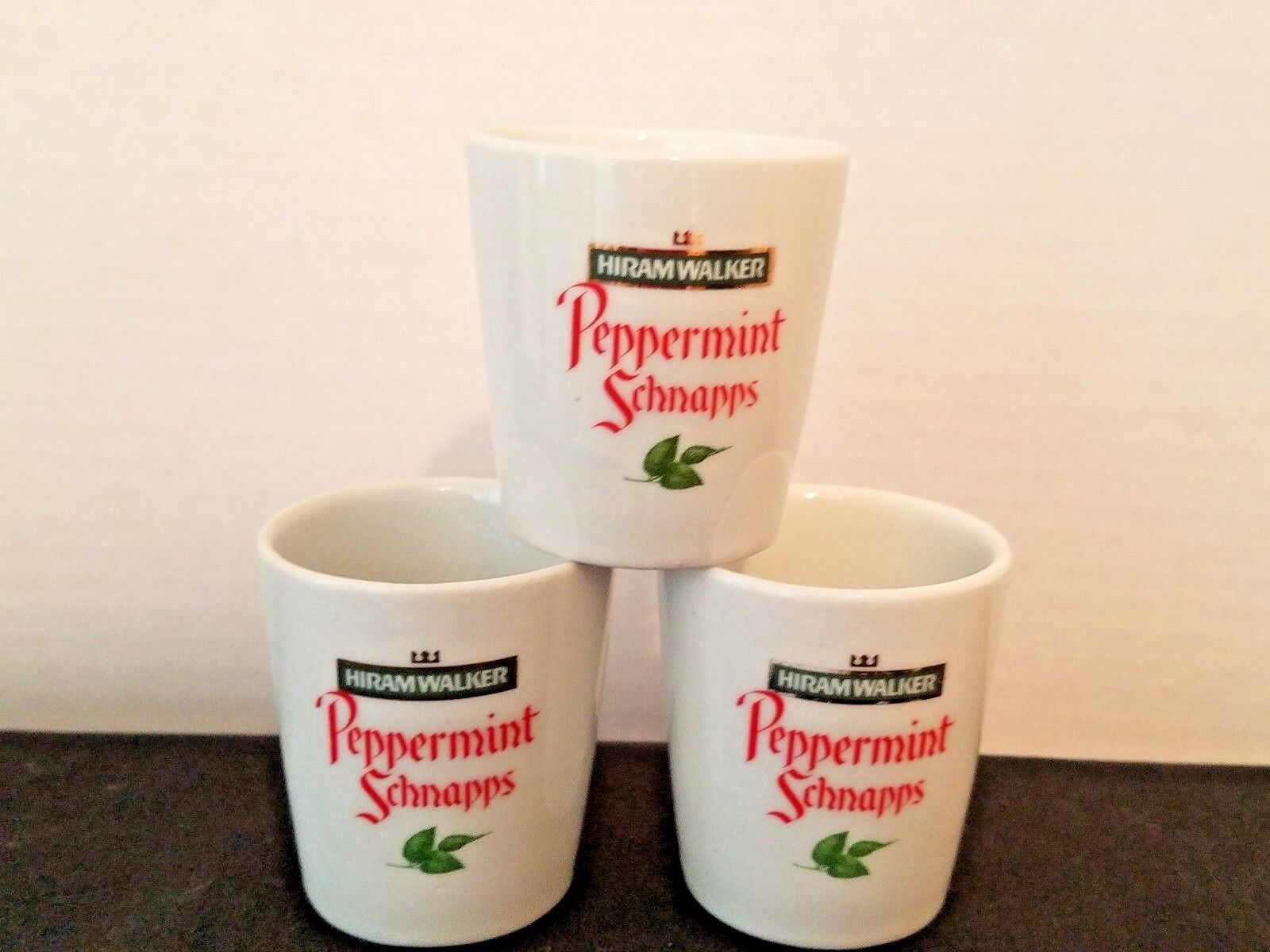 Set of 3 Vintage Hiram Walker Peppermint Schnapps White Ceramic Shot Glasses