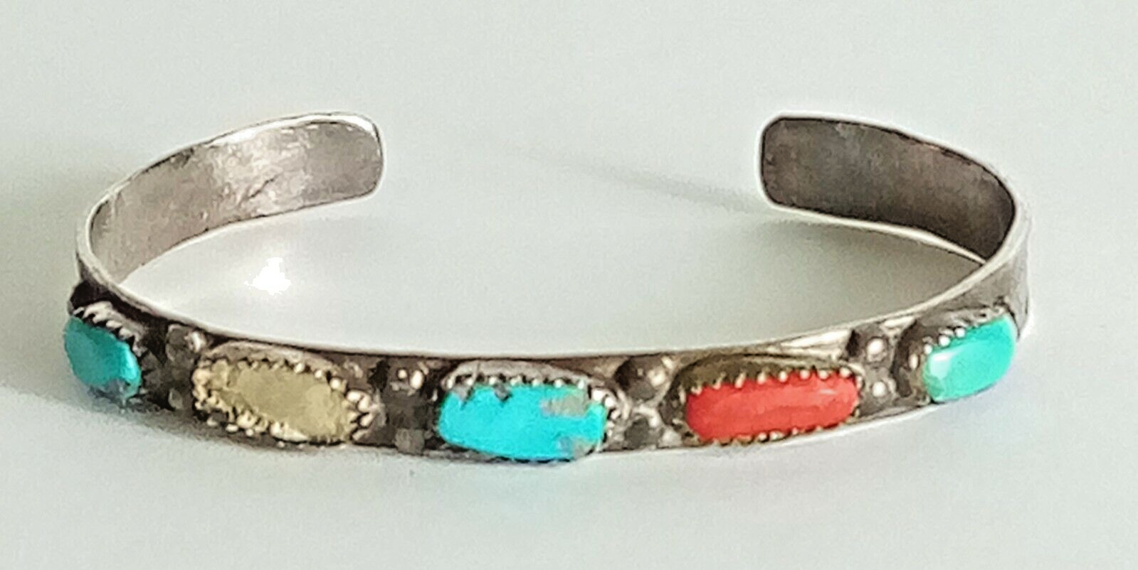 Zuni Indian Tribe Signed L Lasiloo Sterling Silver Turquoise Coral and Bracelet 
