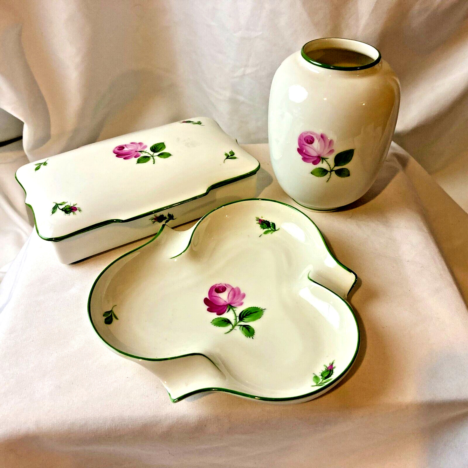 Trio of Augarten Wien Viennese Rose Porcelain ~ Trinket Box, Trinket Dish & Vase
