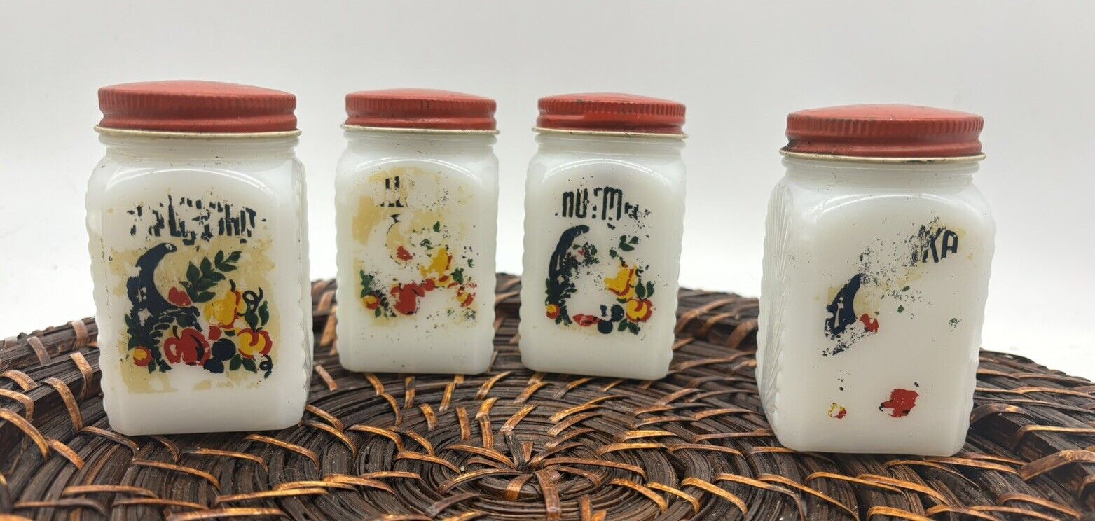 4 Vintage McKee Milk Glass Cornucopia Spice Jars Granny Cottage Core
