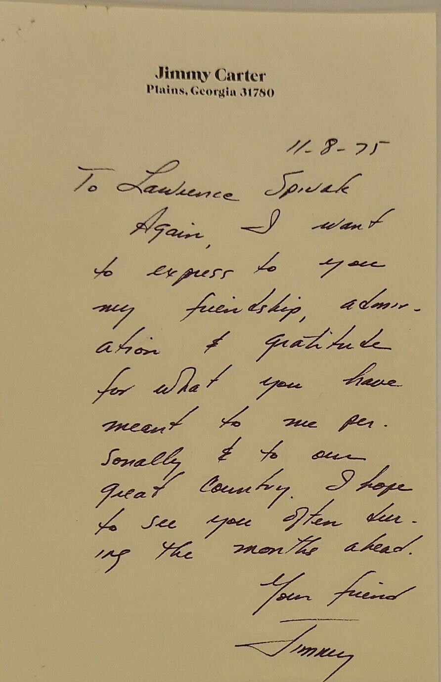 President Jimmy Carter Handwritten Letter To Meet The Press Host Lawrence Spivak
