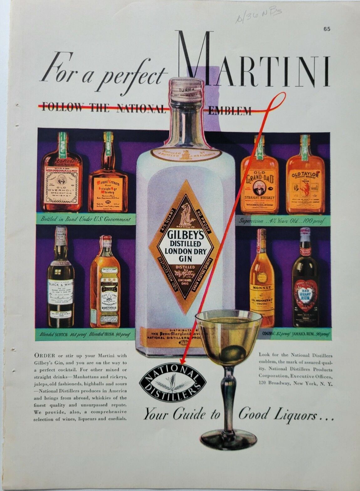 1936 Gilbeys Distilled London Dry Gin for Perfect Martini cocktail vintage ad