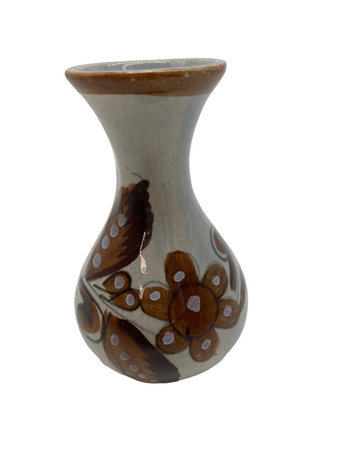 Signed TONALA Mexica Bud Vase Folk Art Pottery Flowers White Brown 5\