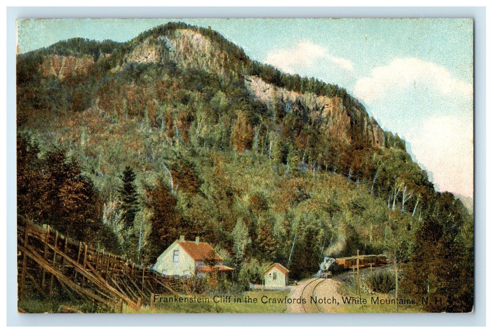 Frankenstein Cliff In The Crawfords Notch R. R Train White Mountains NH Postcard
