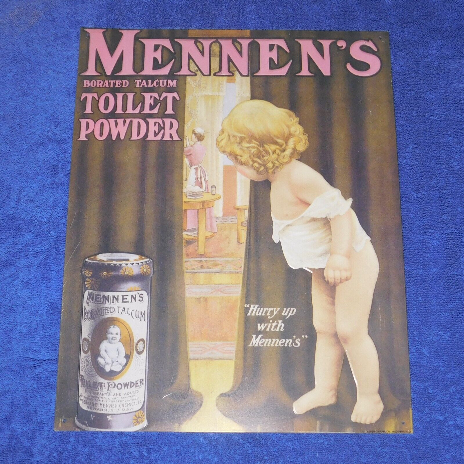 Retro Mennen\'s Borated Talcum Toilet Powder Metal Tin ADVERTISING SIGN 13 X 16.5