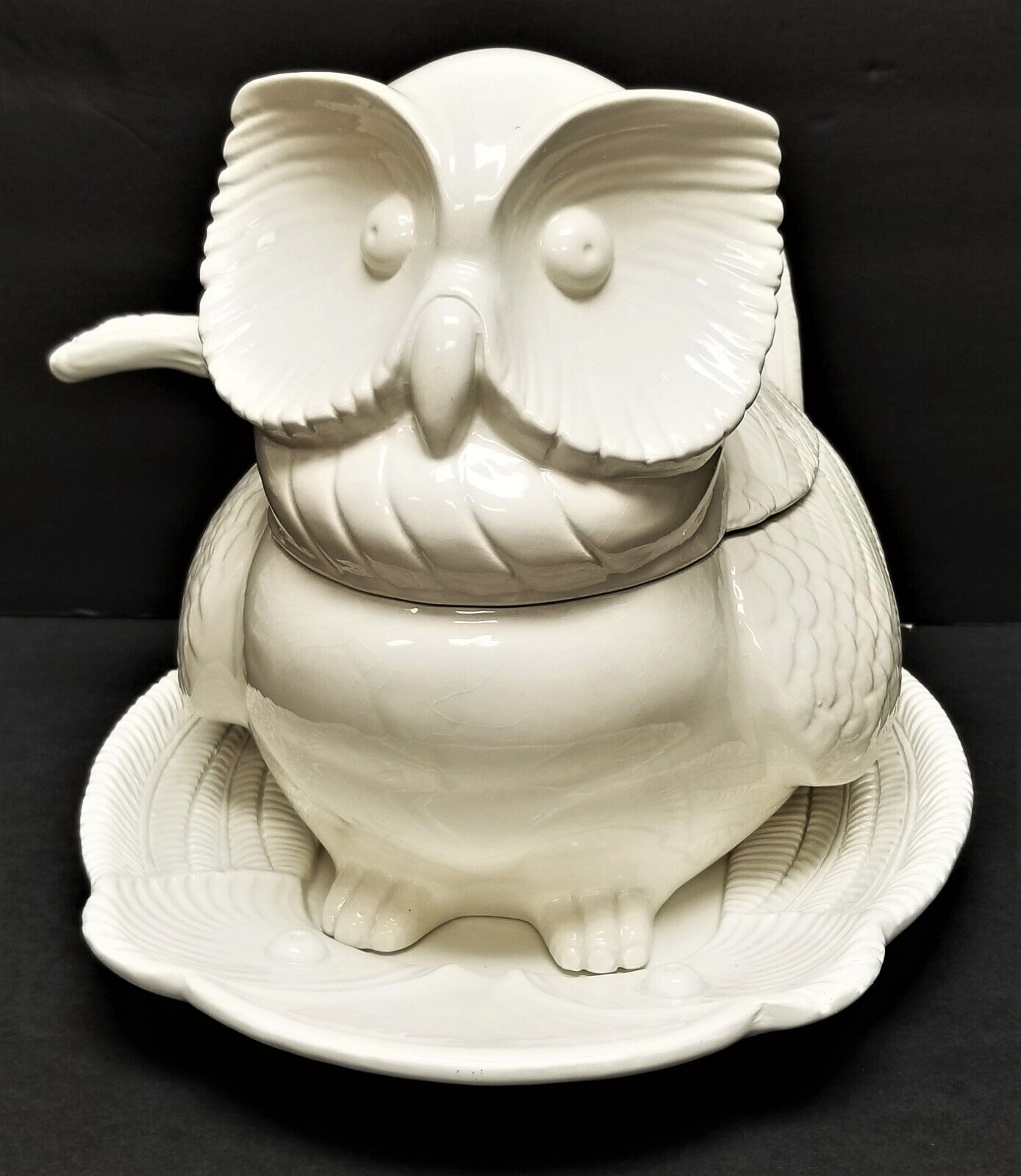 LG Vintage Italian Cream Color OWL Porcelain Soup Tureen Laddle Platter ITALY