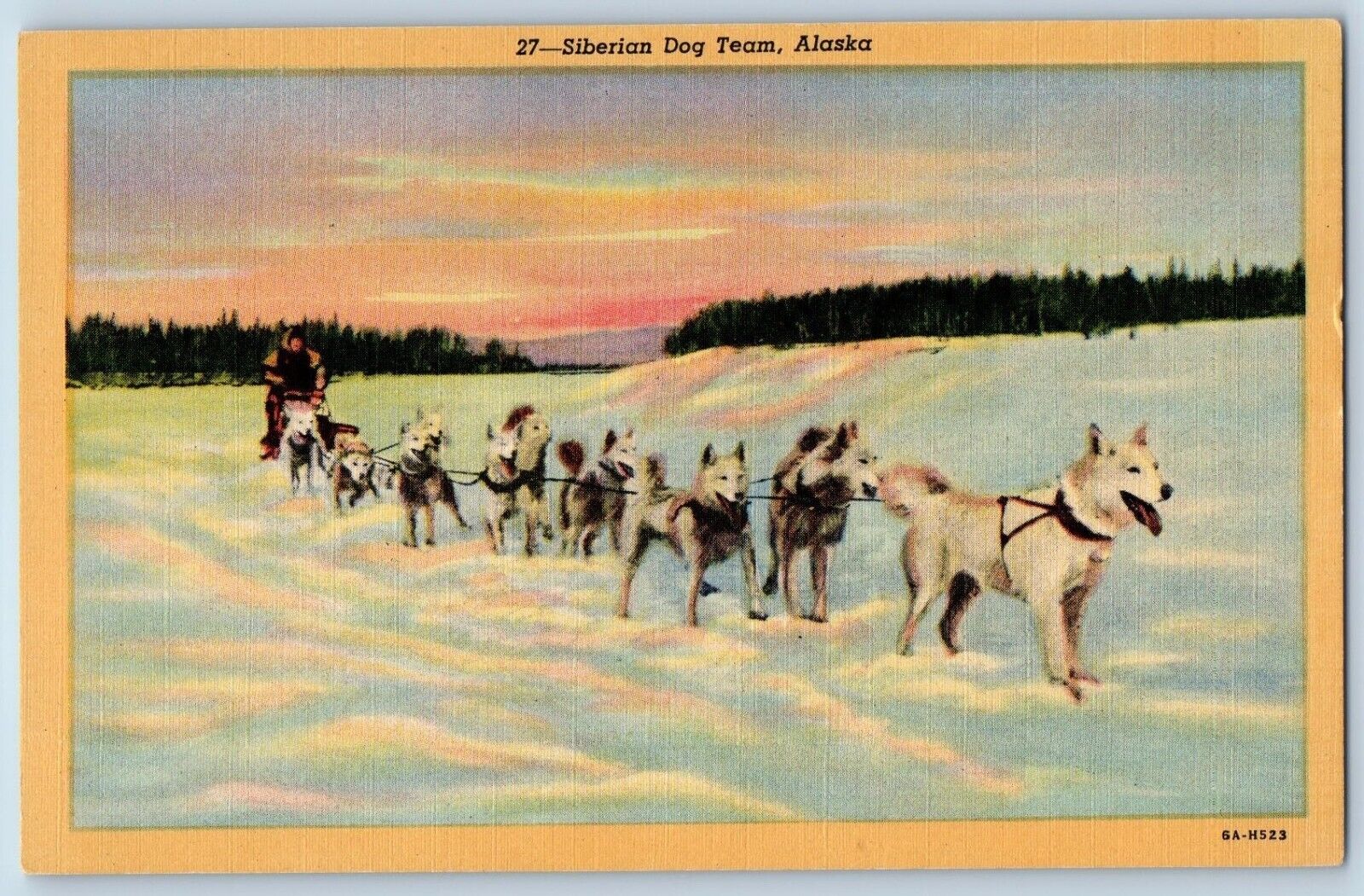 Alaska AK Postcard Siberian Dog Team Winter Scene Animals c1940\'s Vintage