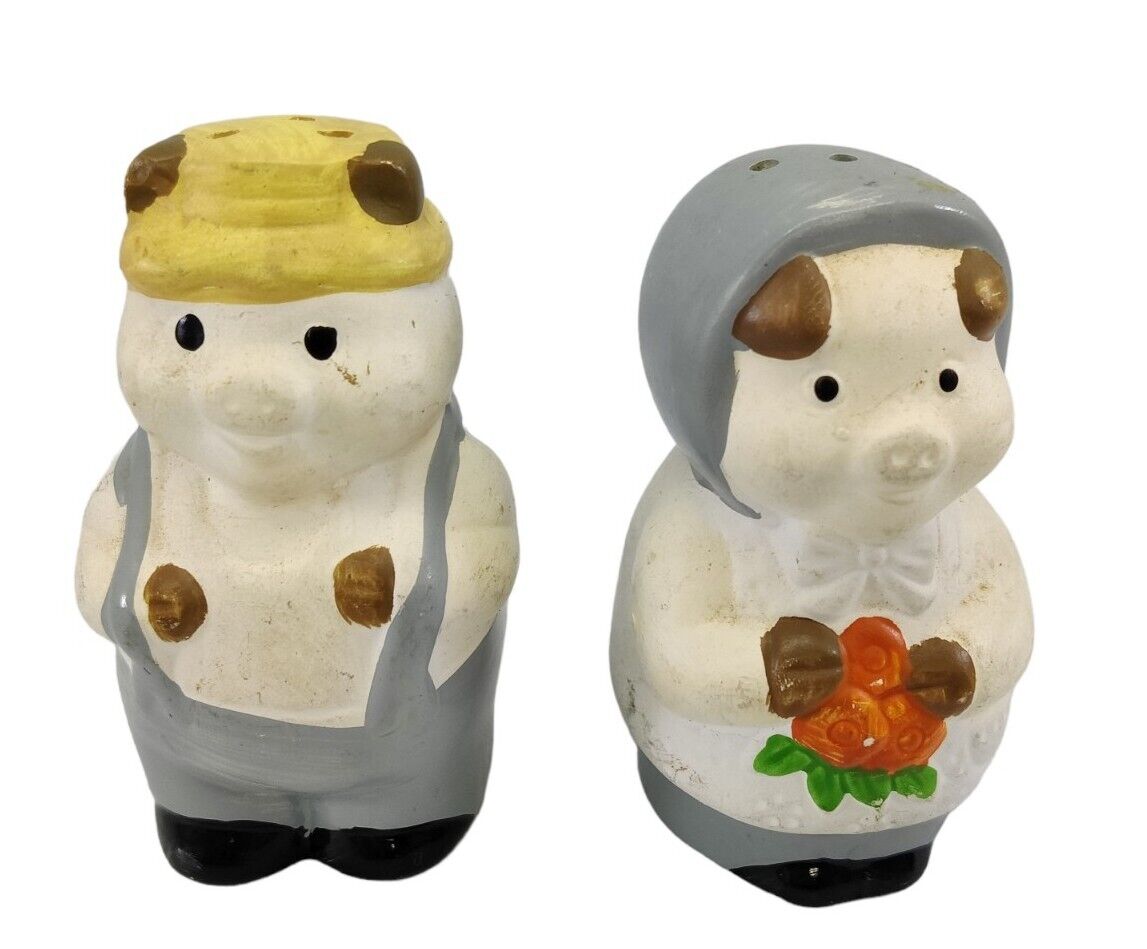 Vintage Whimsical Pigs Salt & Pepper Shakers Ceramic READ