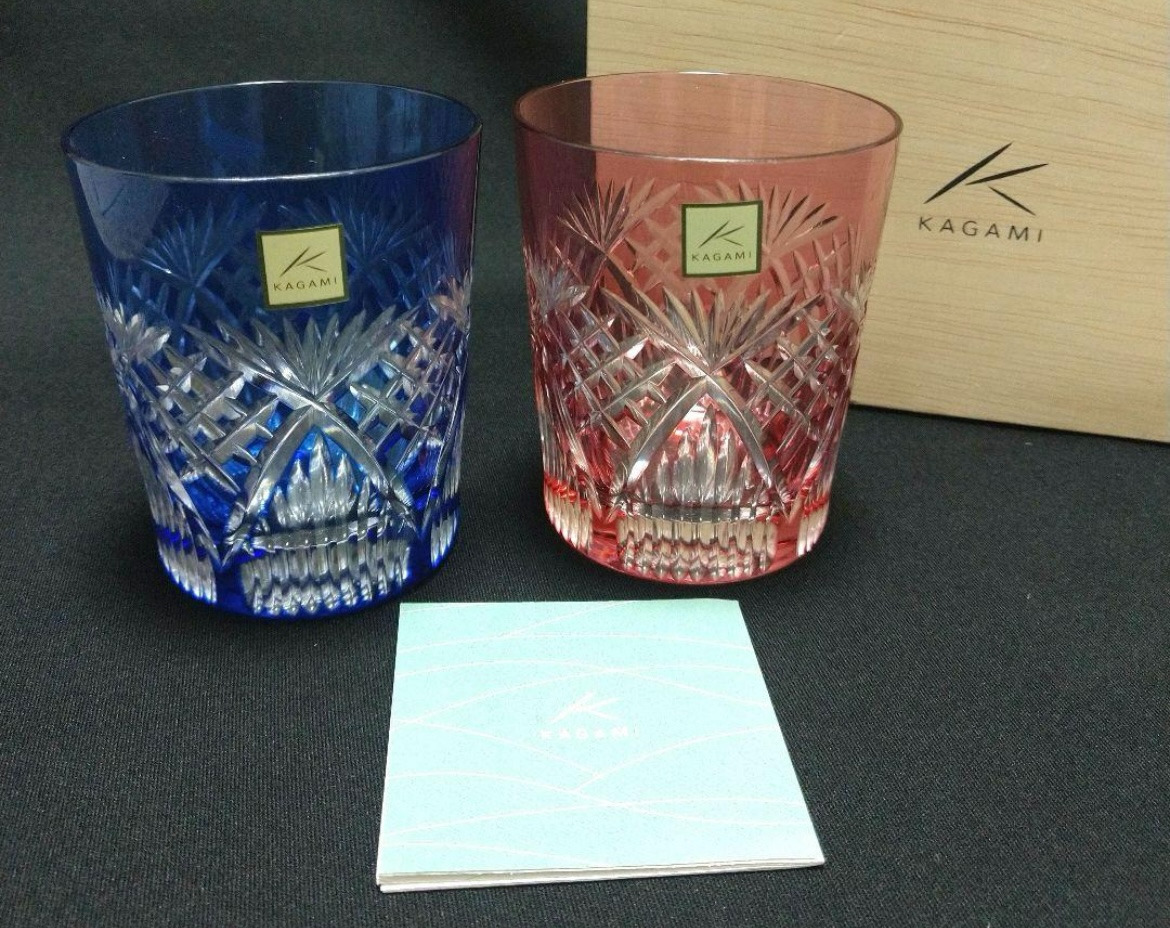 Kagami Crystal Edo Kiriko rock pair Glass Blue & Pink