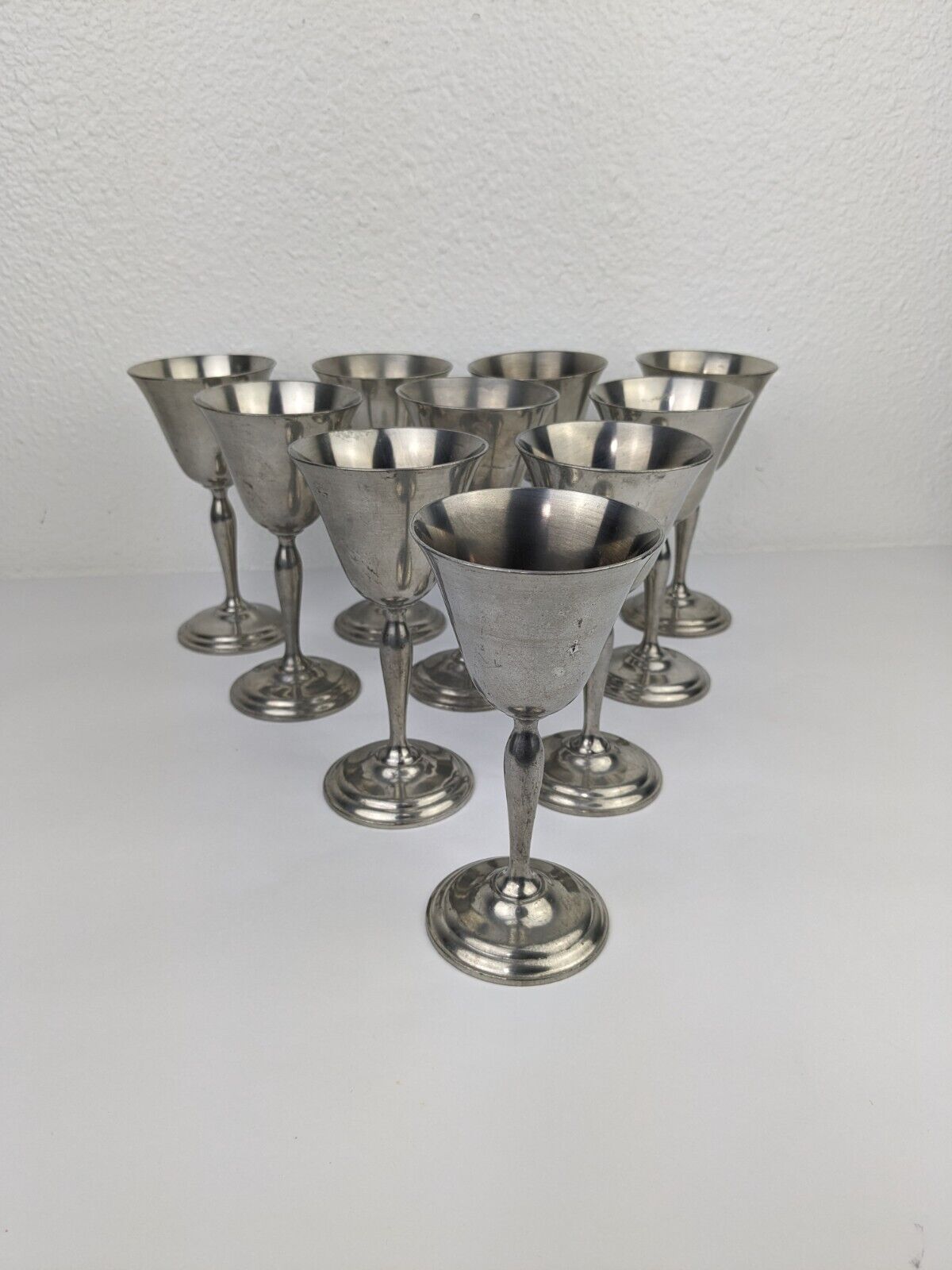Set Of 10 Vtg Flagg & Homan Pewter Wine Sherry Water Goblet Cups 6\