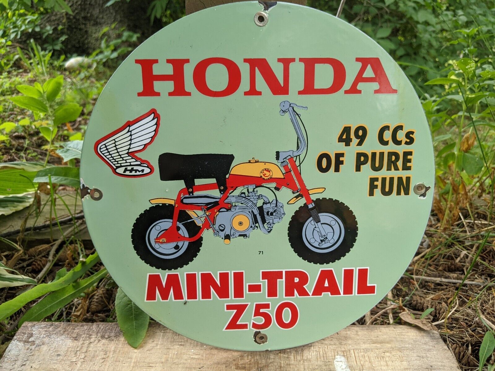 VINTAGE 1971 HONDA MINI-TRAIL Z50 MOTORCYCLE PORCELAIN DEALERSHIP SIGN 12