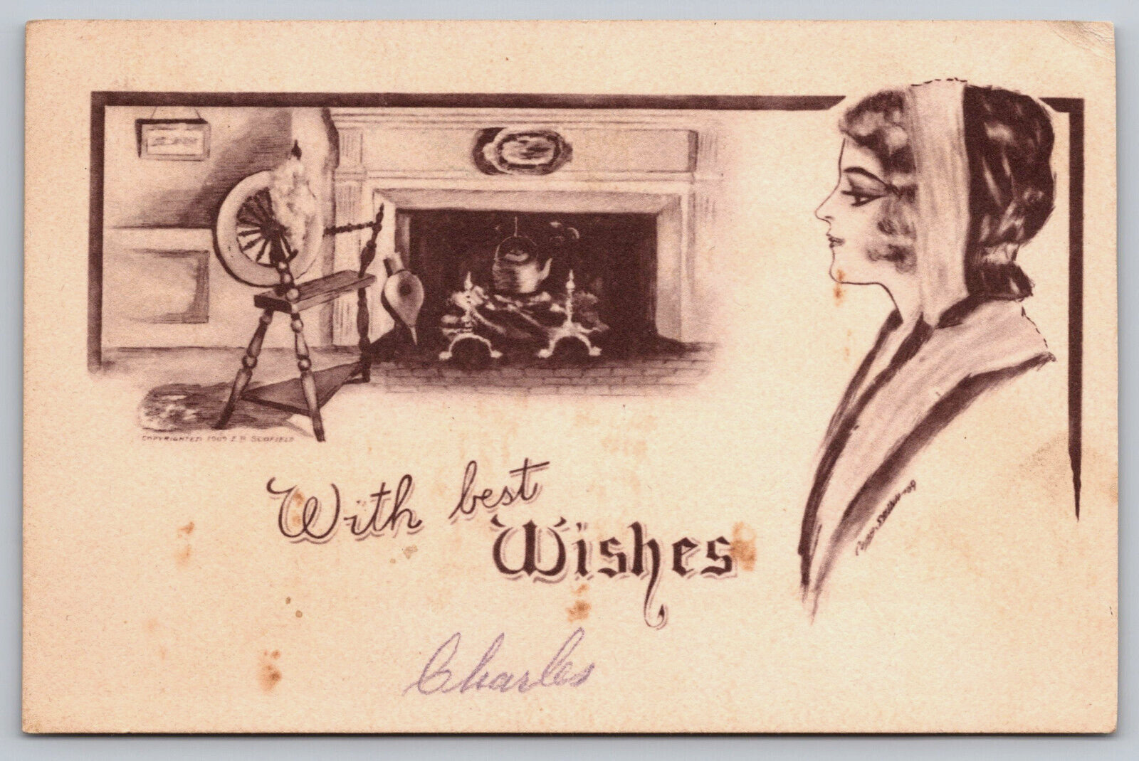 Postcard Best Wishes Fireplace Cotton Wheel Woman Posted Vintage 1910\'s