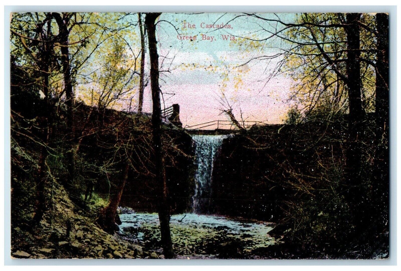 1909 Cascades Falls River Lake Bridge Trees Green Bay Wisconsin Vintage Postcard
