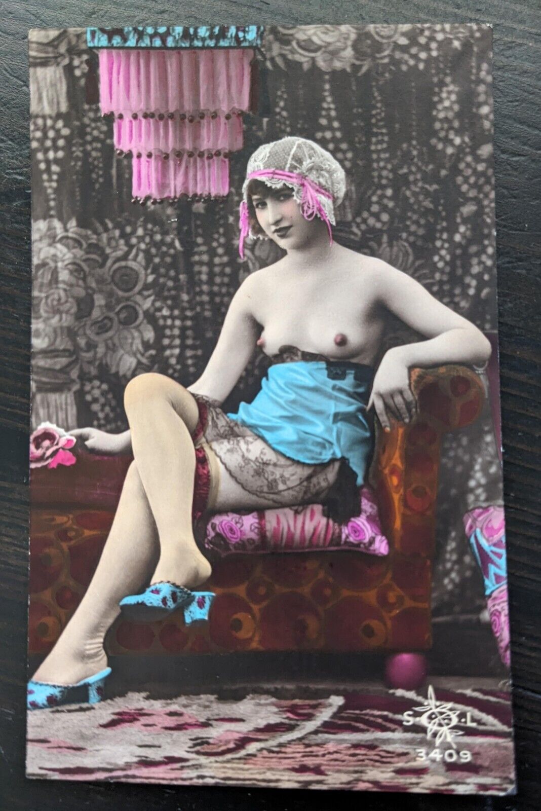Risque French Hand Tinted Nude SOL #3409 Great Colors Real Photo Postcard RPPC