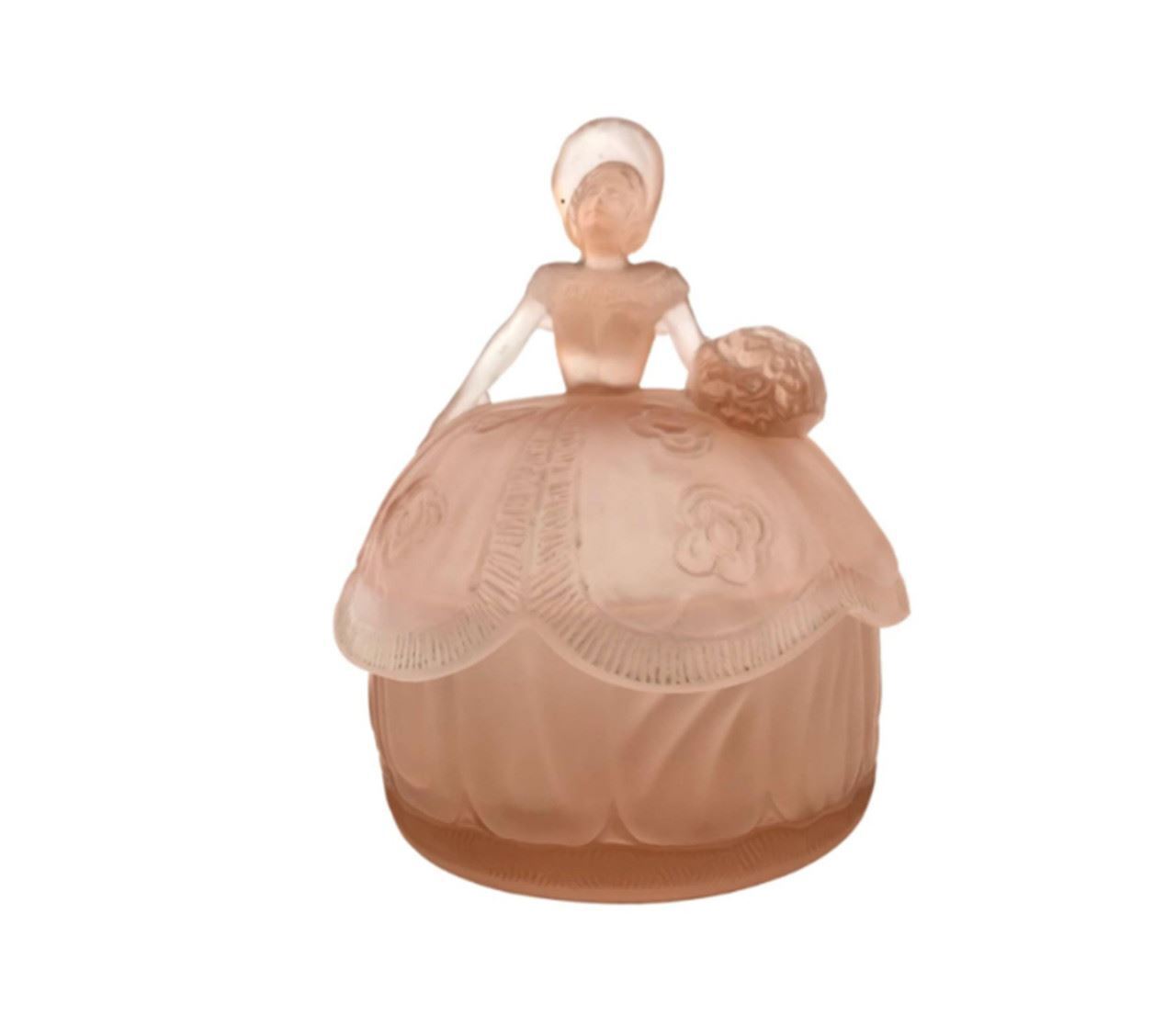 Ramses Paris Girl with Crinoline Glass Powder Jar | Satin Pink Glass | Vintage