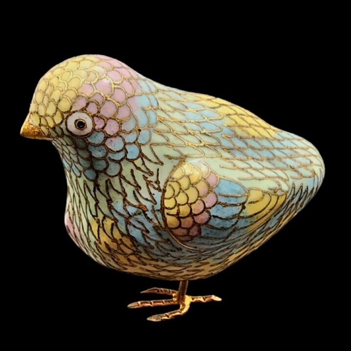 Vintage Chinese Cloisonné Enamel Quail Bird Chick Multicolored Gold Figurine 3\