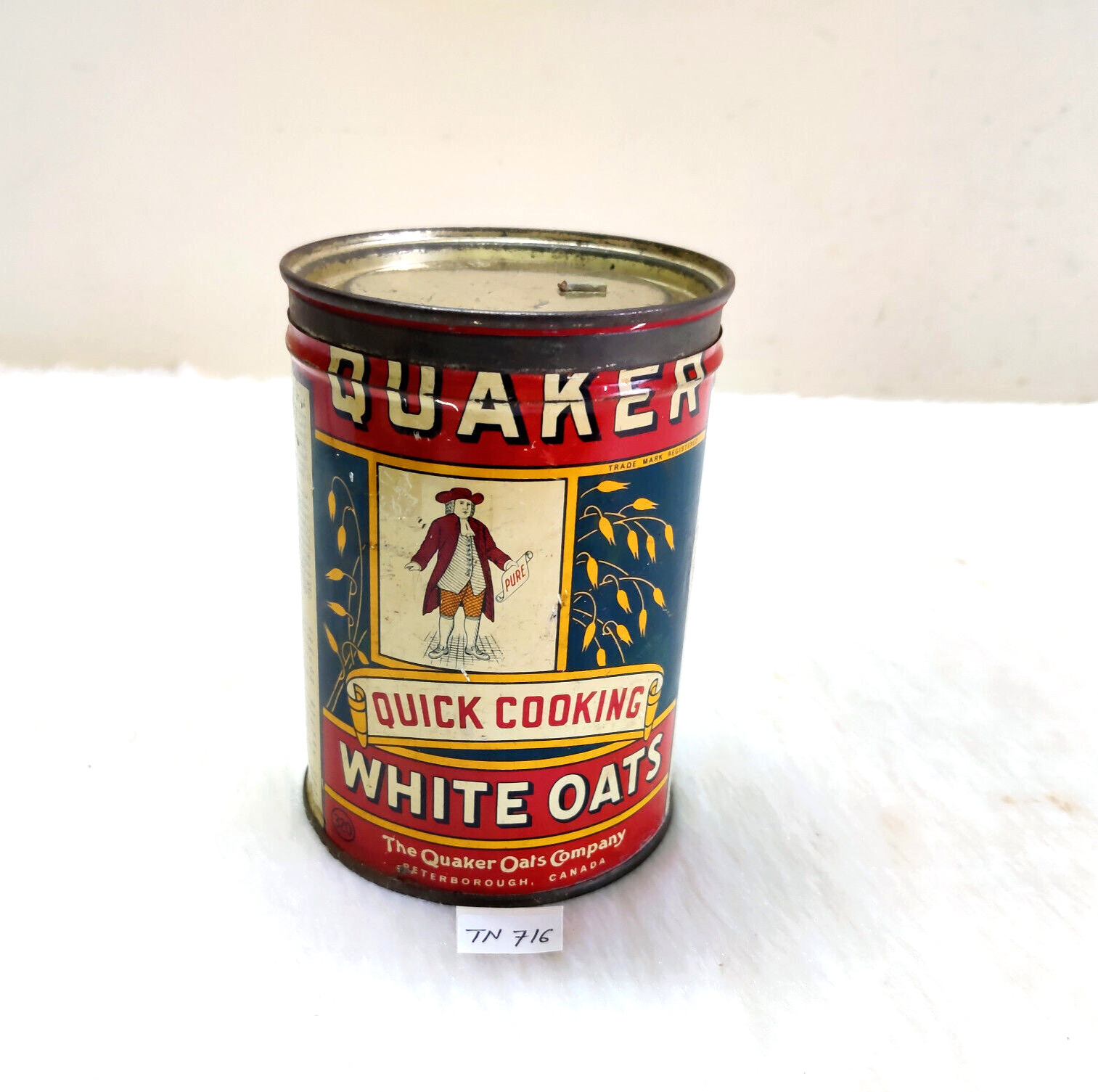 1930s Vintage Old Quaker White Oats Tin Retro Advertising Round Canada TN716