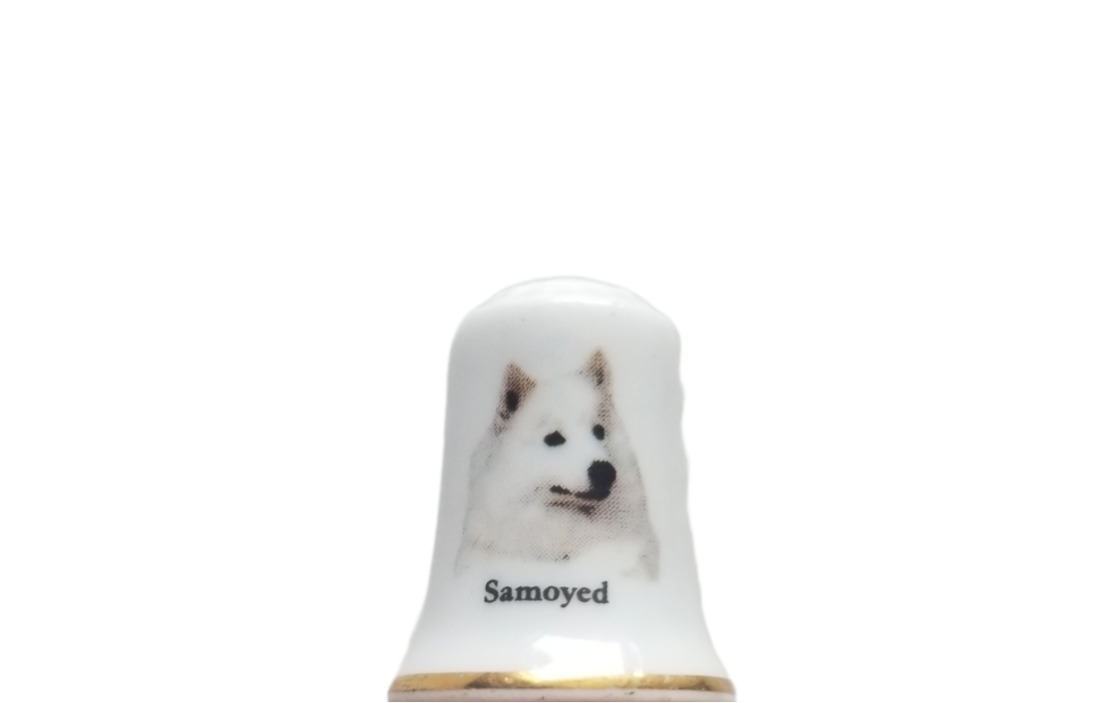 Vintage SAMOYED HUSKY Dog Collectible ceramic Thimble figurine Limited Edition