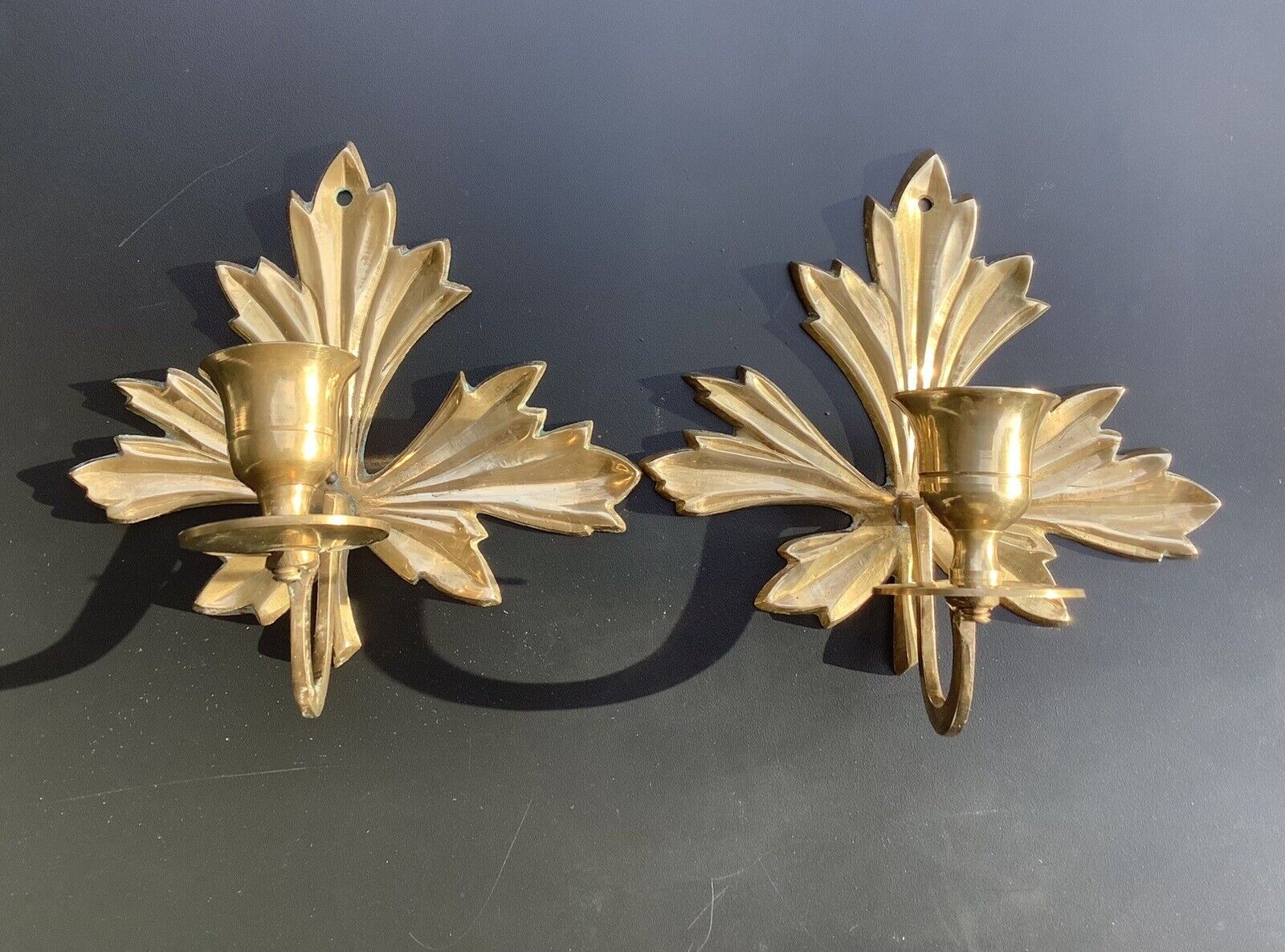 Vintage Mid 20th Century Small Brass Wall Plate Candle Sconces - Selling By Pair