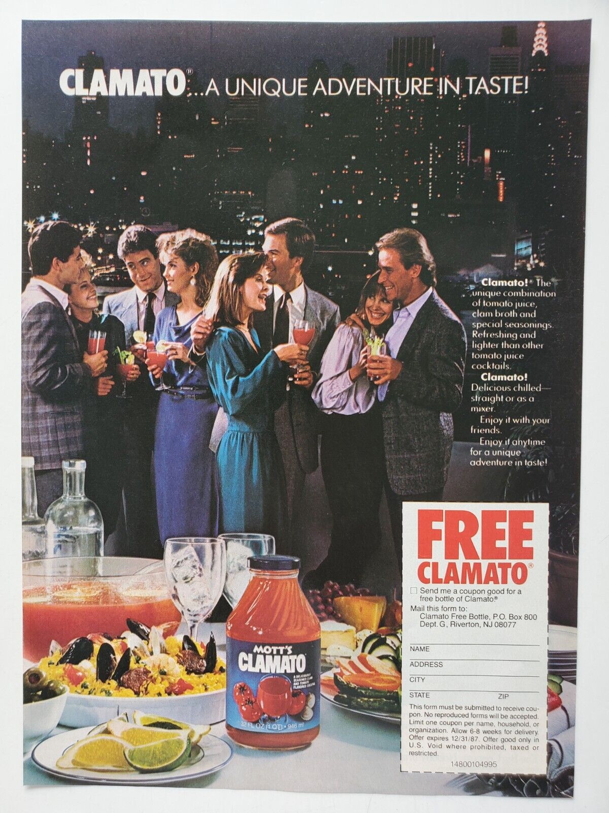 Mott\'s Clamato Juice Roof Top Party City Skyline 1987 Vintage Print Ad