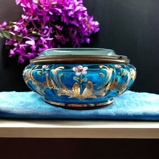Moser Style Enameled Floral & Gold Blue Glass Trinket Jewelry Dresser Box READ