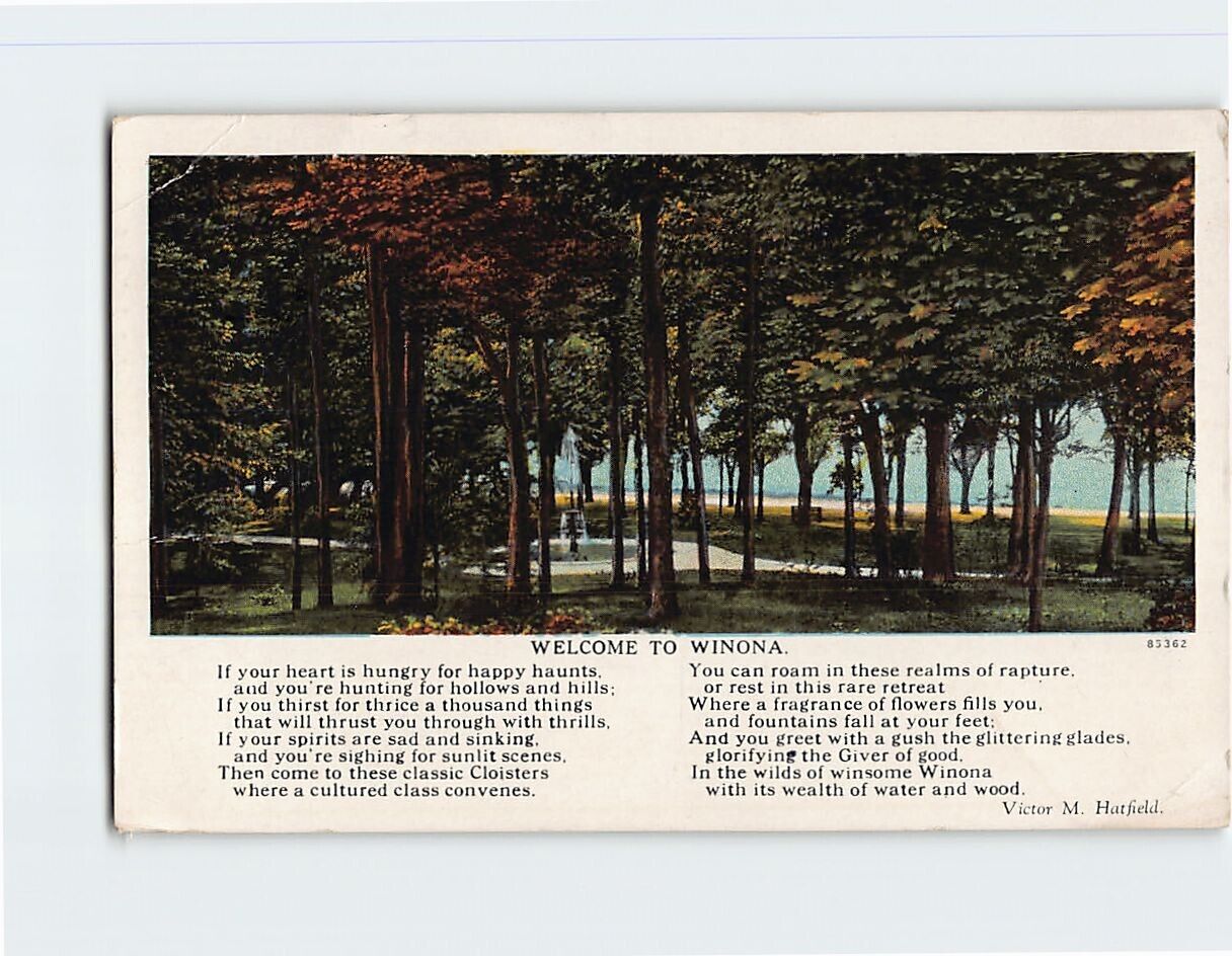 Postcard Welcome To Winona with Poem and Park Nature Scenery, Winona Lake, IN