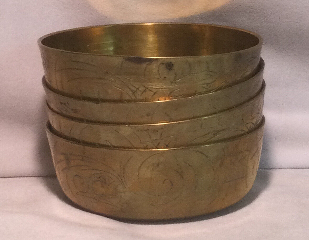 Antique Brass Bowls Chinese etched Set 4 Engraved symbols singing bowl 4.75”
