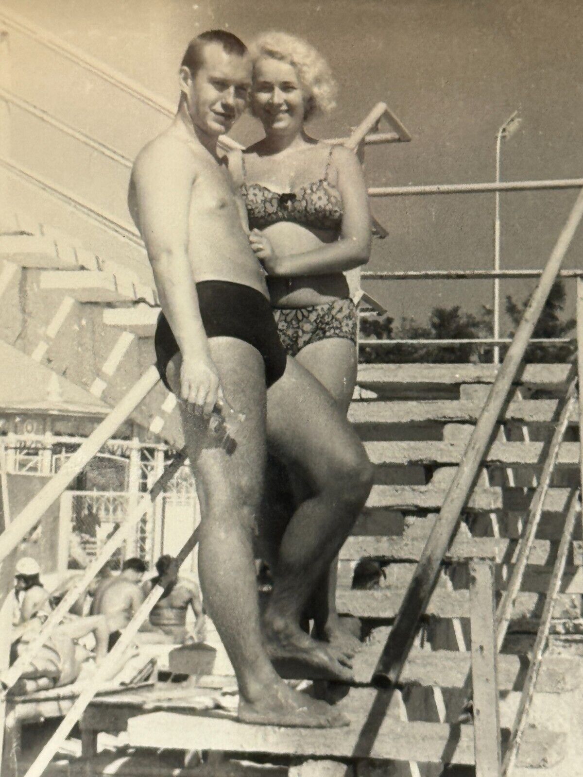 1960 Shirtless Man Affectionate Guy Trunks Bulge Blonde Woman Gay int B&W Photo