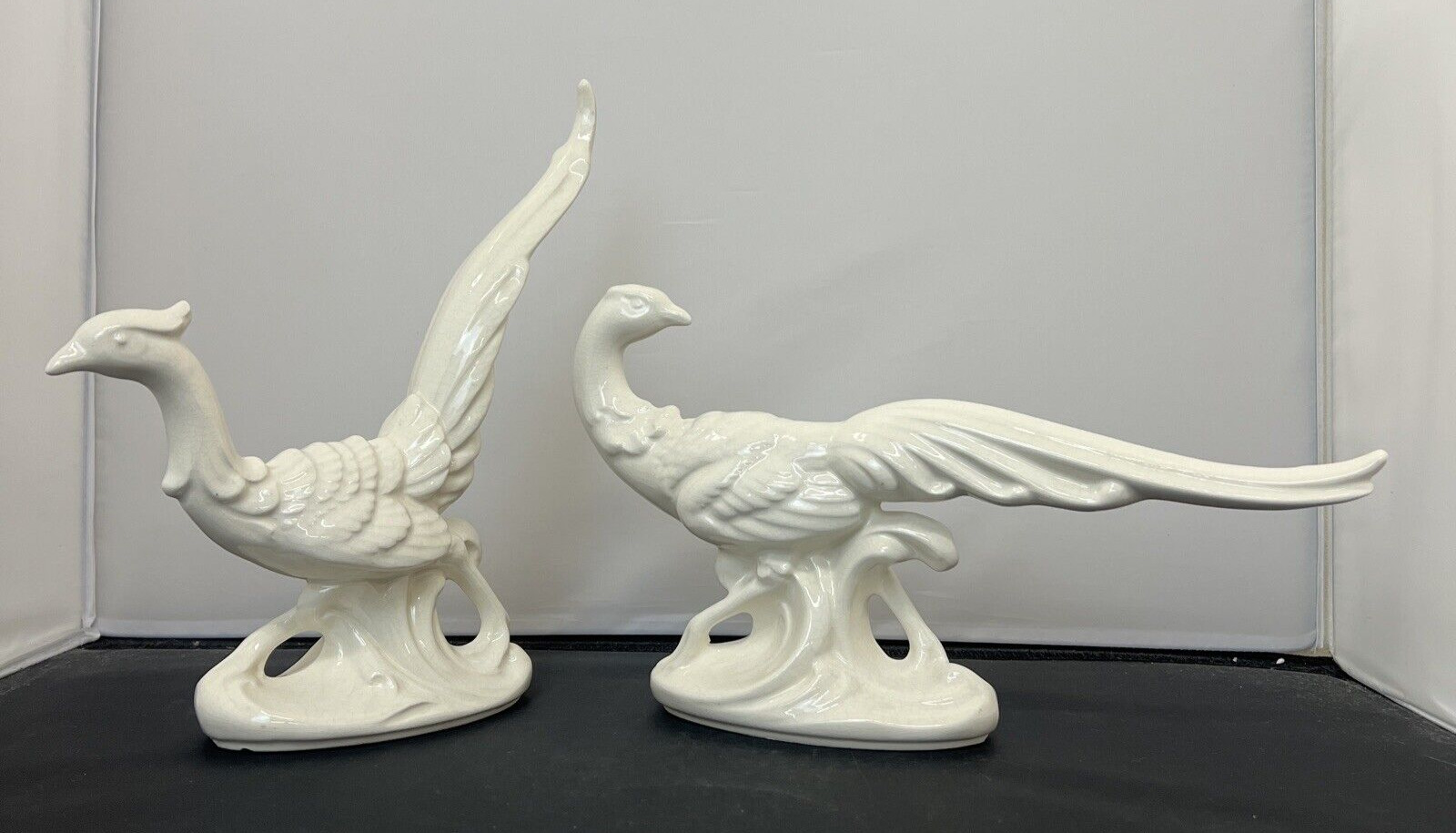 Pair of White Crackle MCM Vintage Royal Copley Porcelain Pheasant Figurines FS