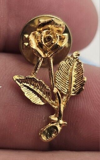 VTG Lapel Pinback Hat Pin All Gold Tone Rose On Stem 3D Very Small 