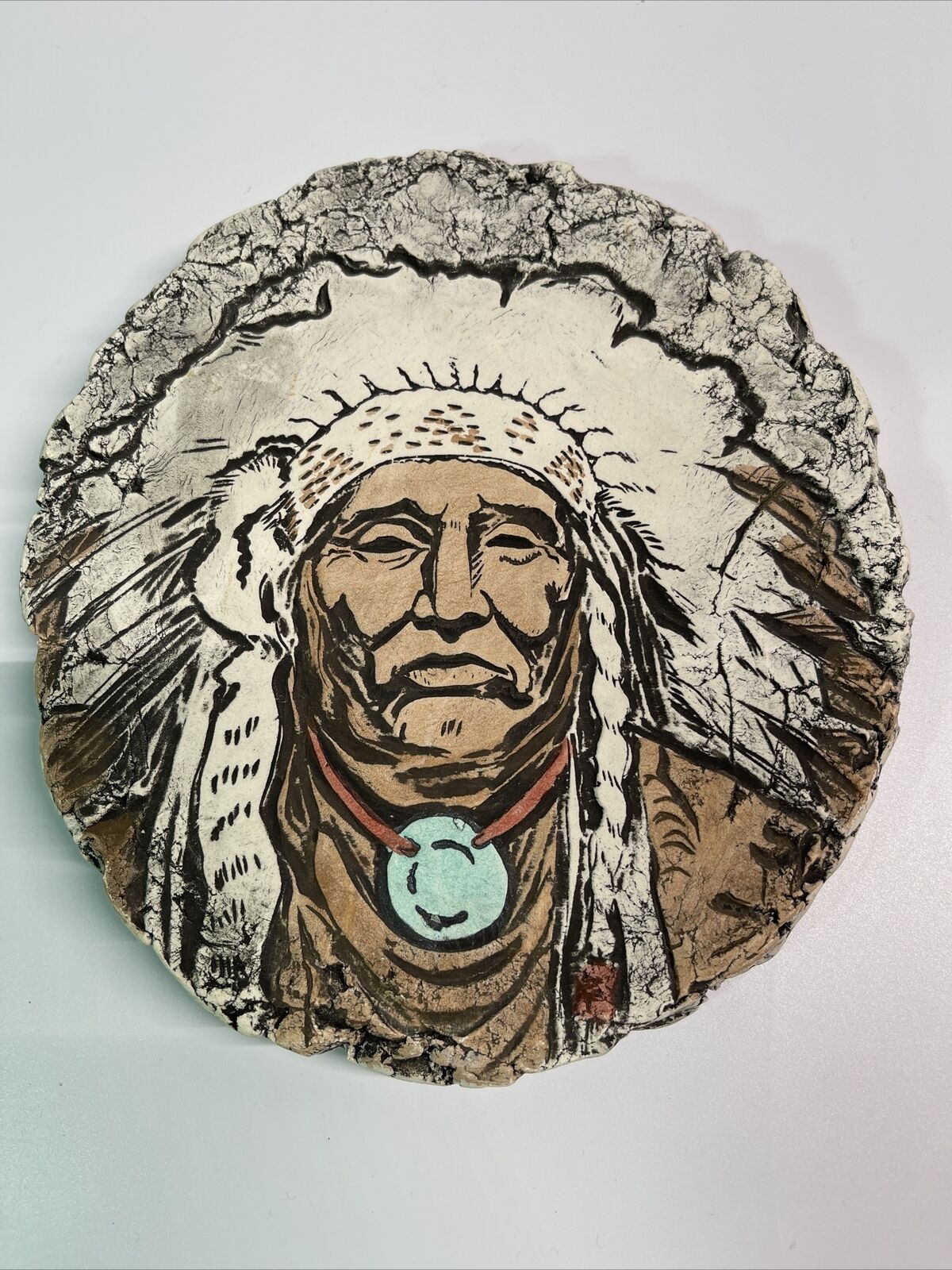 Native American Indian Chief Vintage Pyrography Folk Art 7” Wall Plaque V