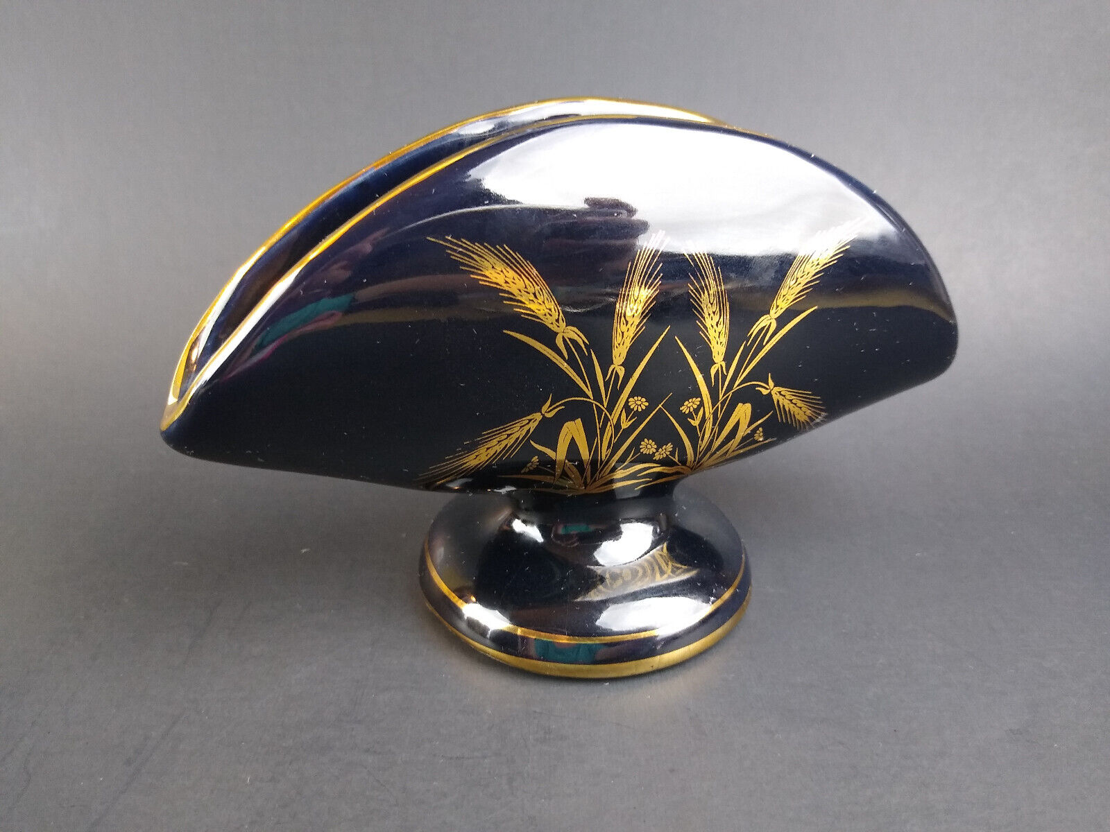 Vintage Napkin Holder Vase Hand Made in Greece 24K Gold Accents Fan Shape Black