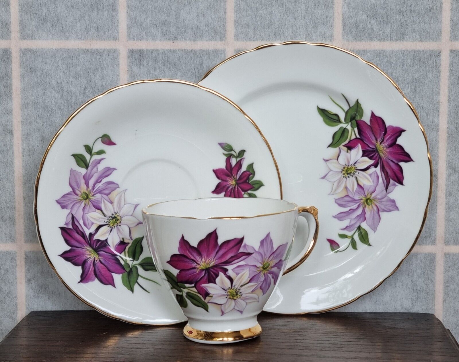 Vintage Tea Cup And Saucer Trio Plate English Delphine China Purple Clematis