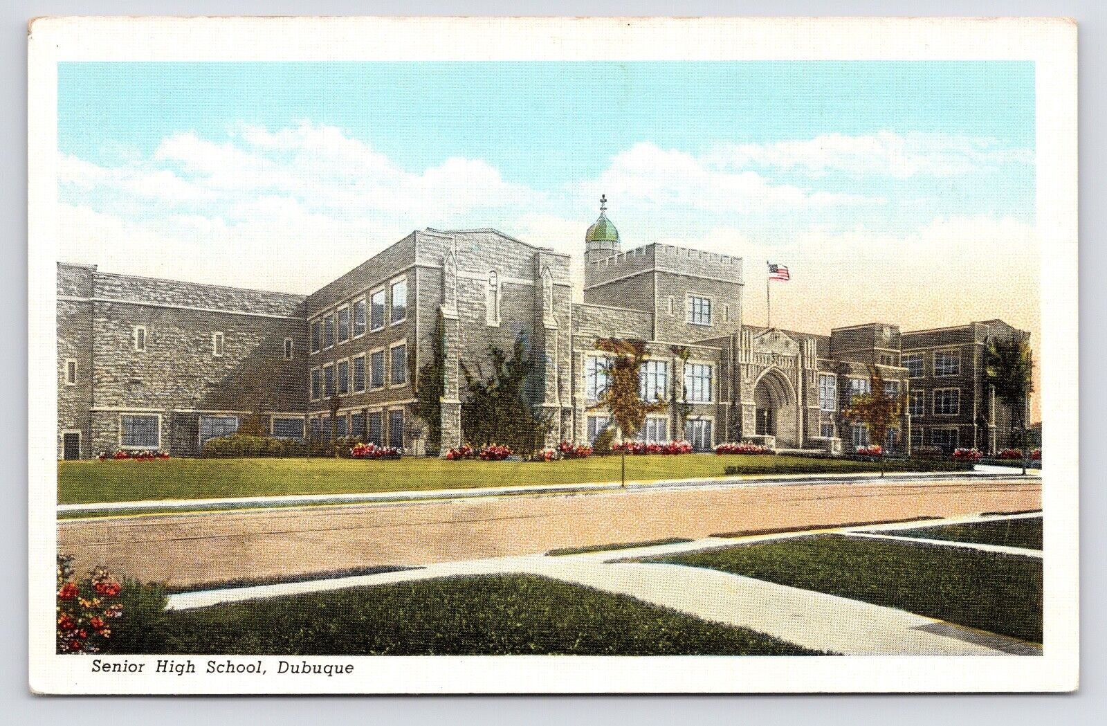 c1920s~Dubuque Iowa IA~Senior High School~Flagpole~Vintage Antique Postcard