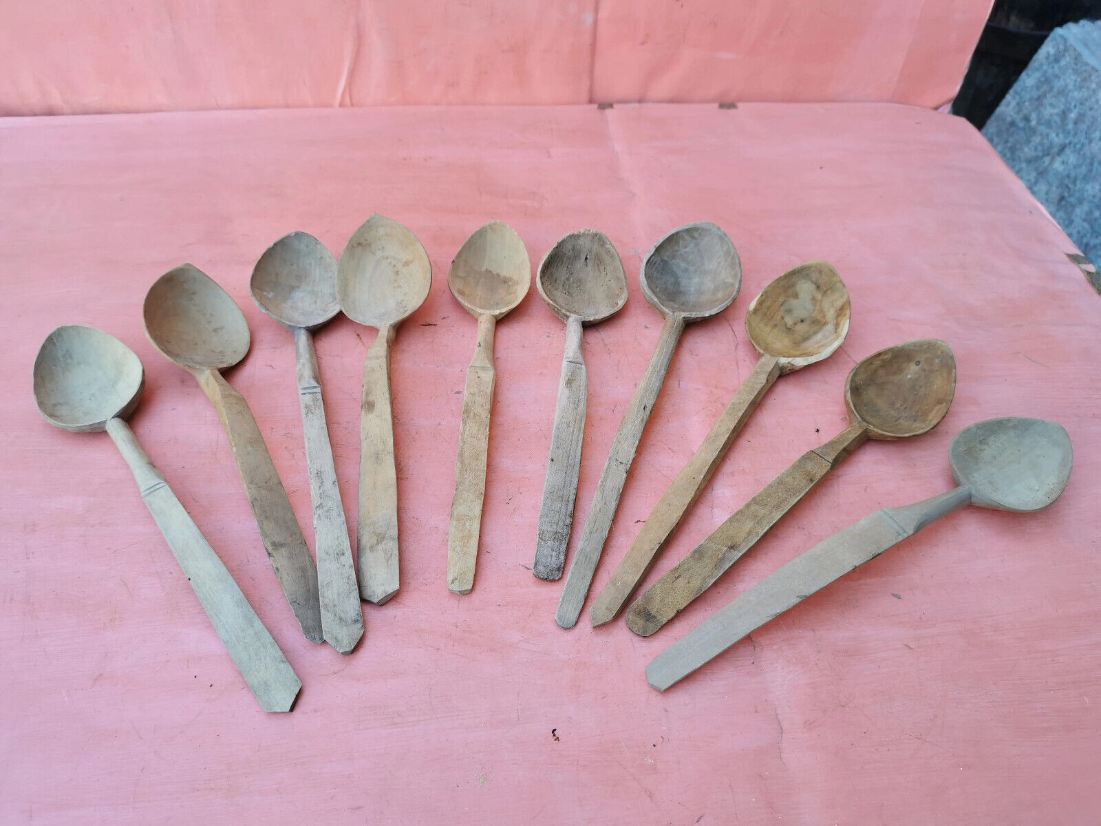 OLD ANTIQUE PRIMITIVE WOODEN HANDMADE CARVED SPOONS PADLE - LOT OF 10