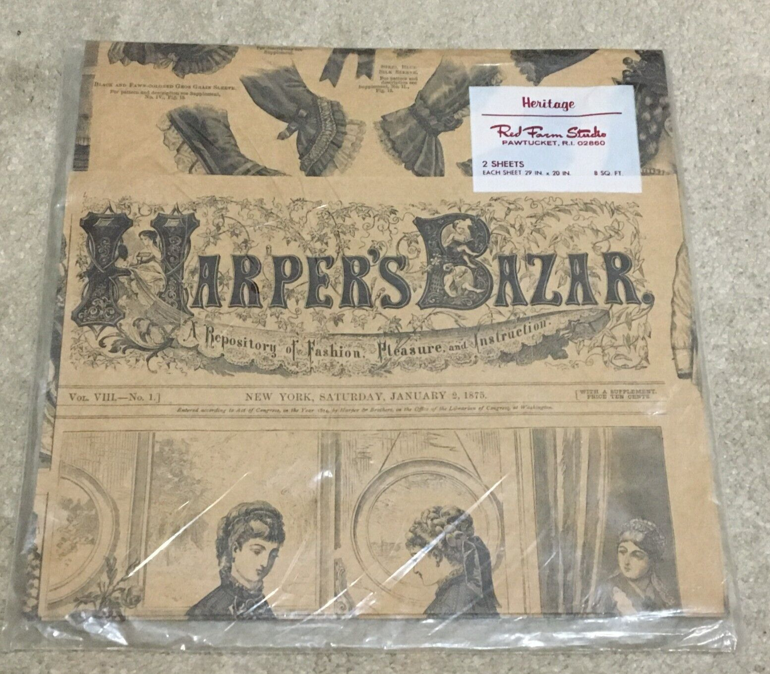 Repo Victorian Harper\'s Bazar Gift Wrap Papers, 2 Sheets, Made in Pawtucket, RI