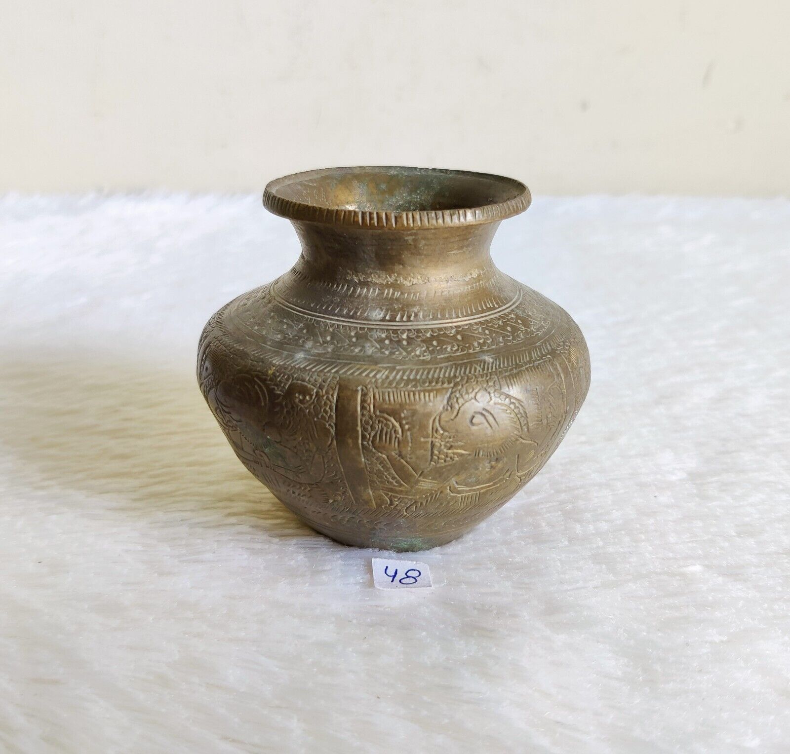 Old Original Brass Different God Engraved Beautiful Holy Water Pot, Rich Patina