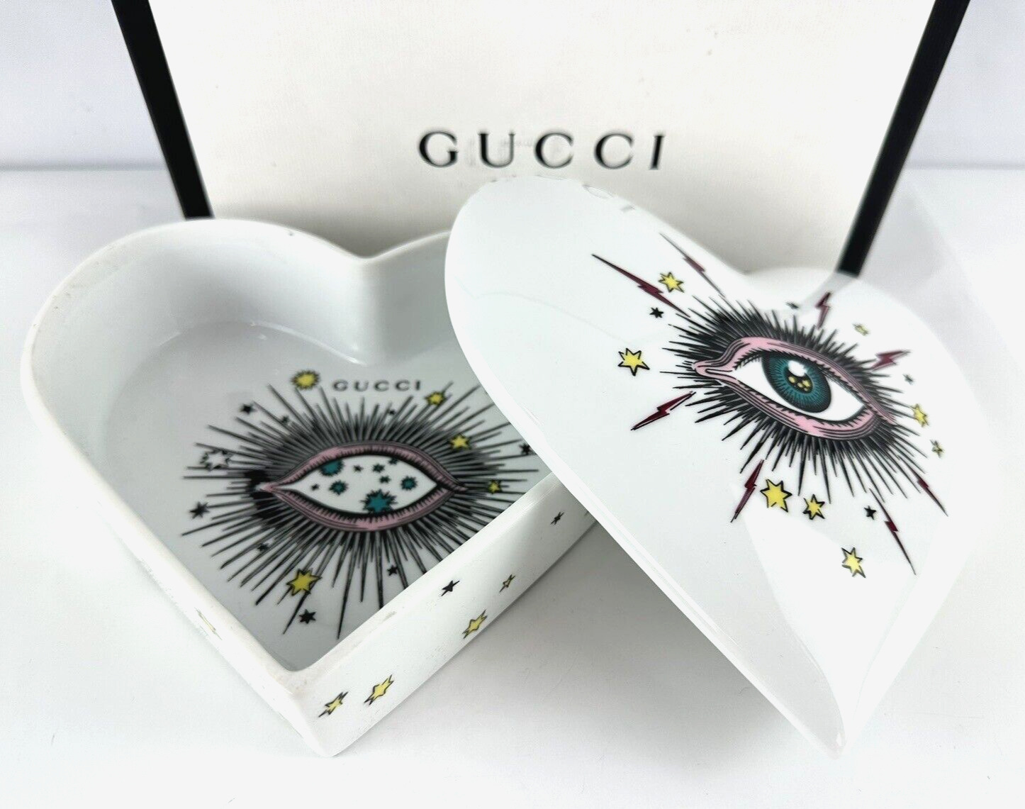 Gucci NIB Auth Richard Ginori White Porcelain Heart Box Star Eye Print Tray