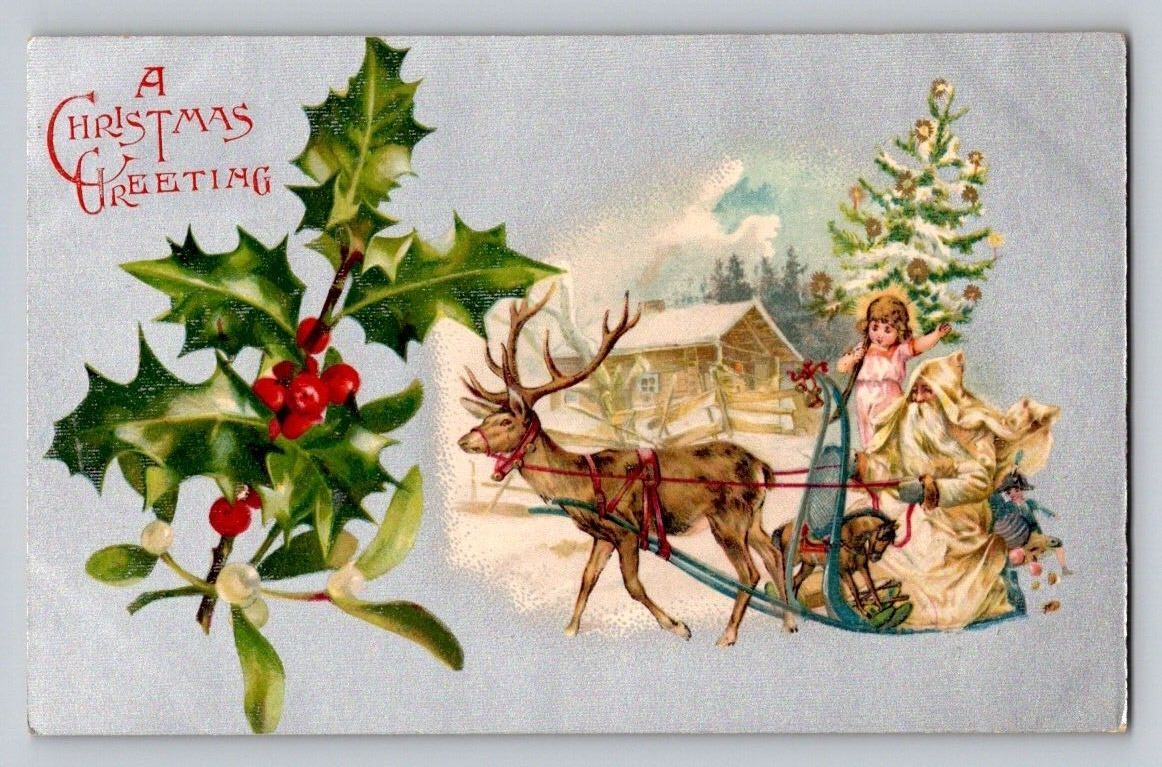 c1910 White Santa Claus Sled Reindeer Rocking Horse Girl Christmas P329