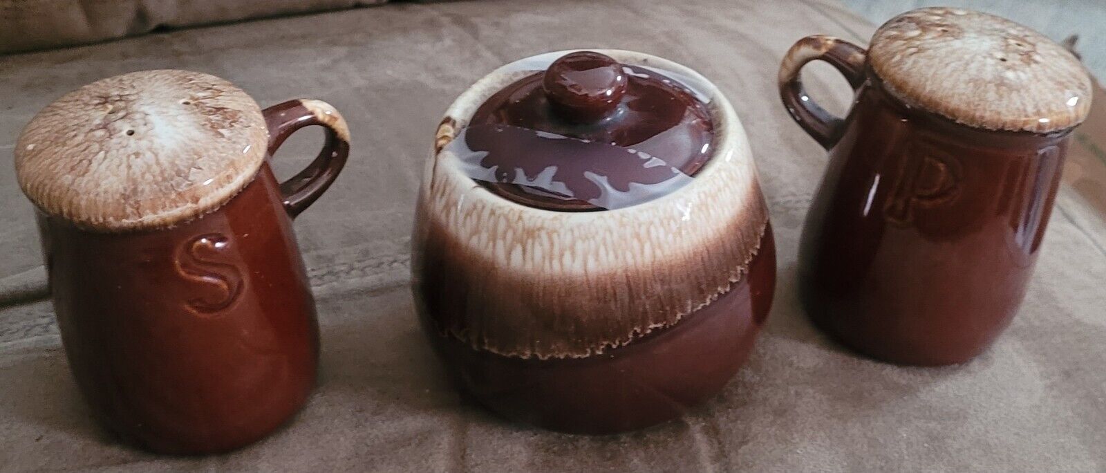  McCoy Brown Drip glaze Sugar Bowl and Salt and Pepper Shakers No chips, cracks