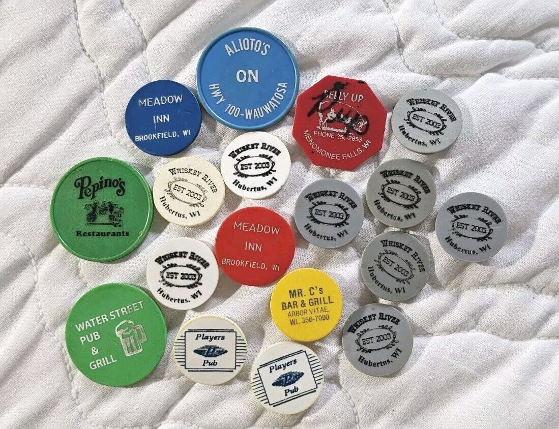 Vintage Lot of 18 One Free Beer Drink  Wisconsin Area Bar Drink Trade Tokens